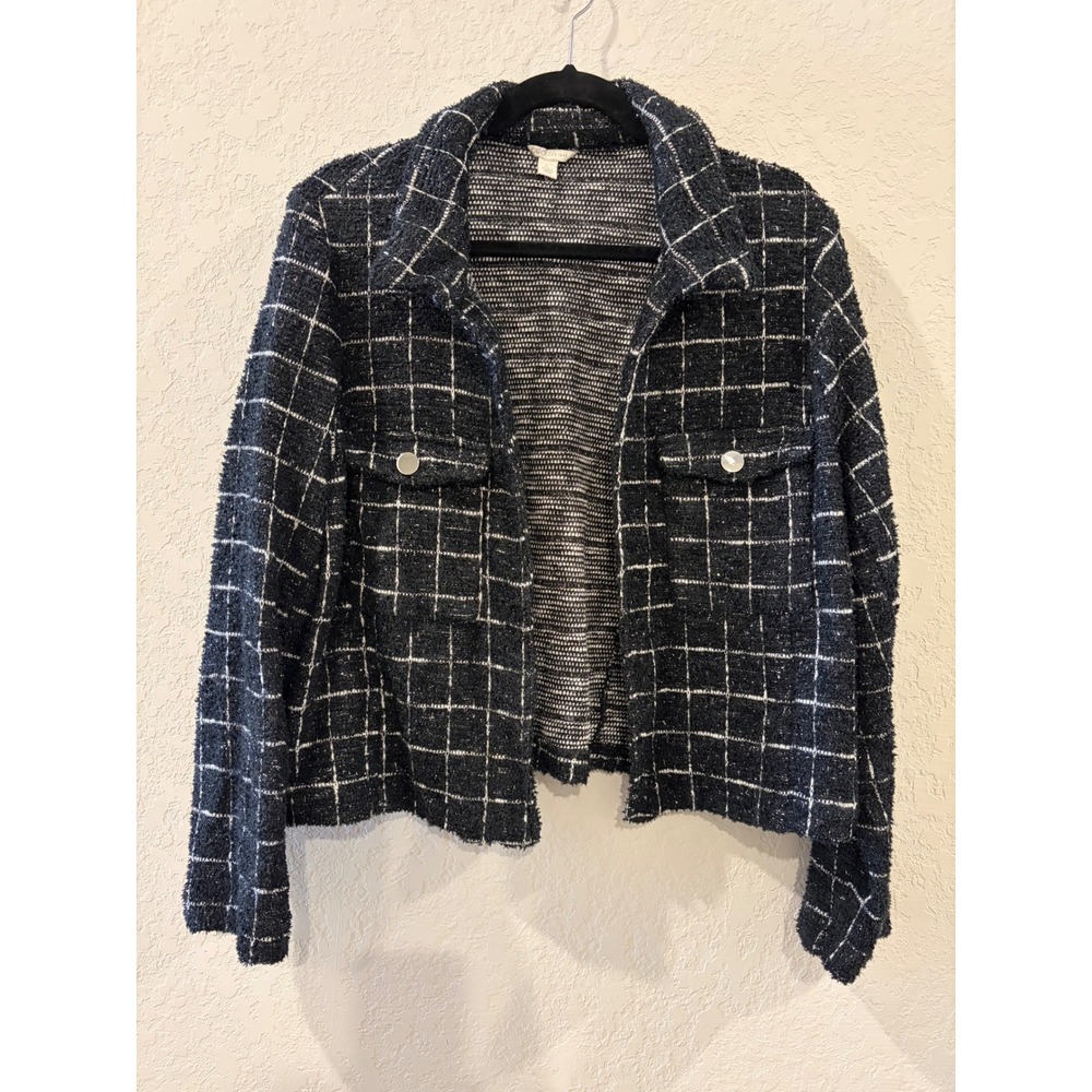 Cato Womens Black White Windowpane Plaid Boucle Tweed Jacket Size L Metallic